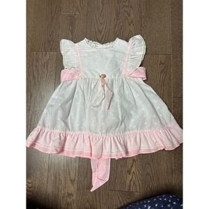 Vintage Tugts Original Baby Girl Dress White Eyelet Pink Trim Rose Bow Size 4